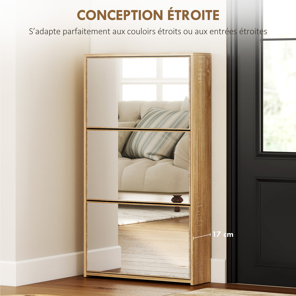 Meuble à chaussures 9 paires, armoire à chaussures étroite, 3 tiroirs rabattables portes miroirs, 65x17x114,5cm naturel