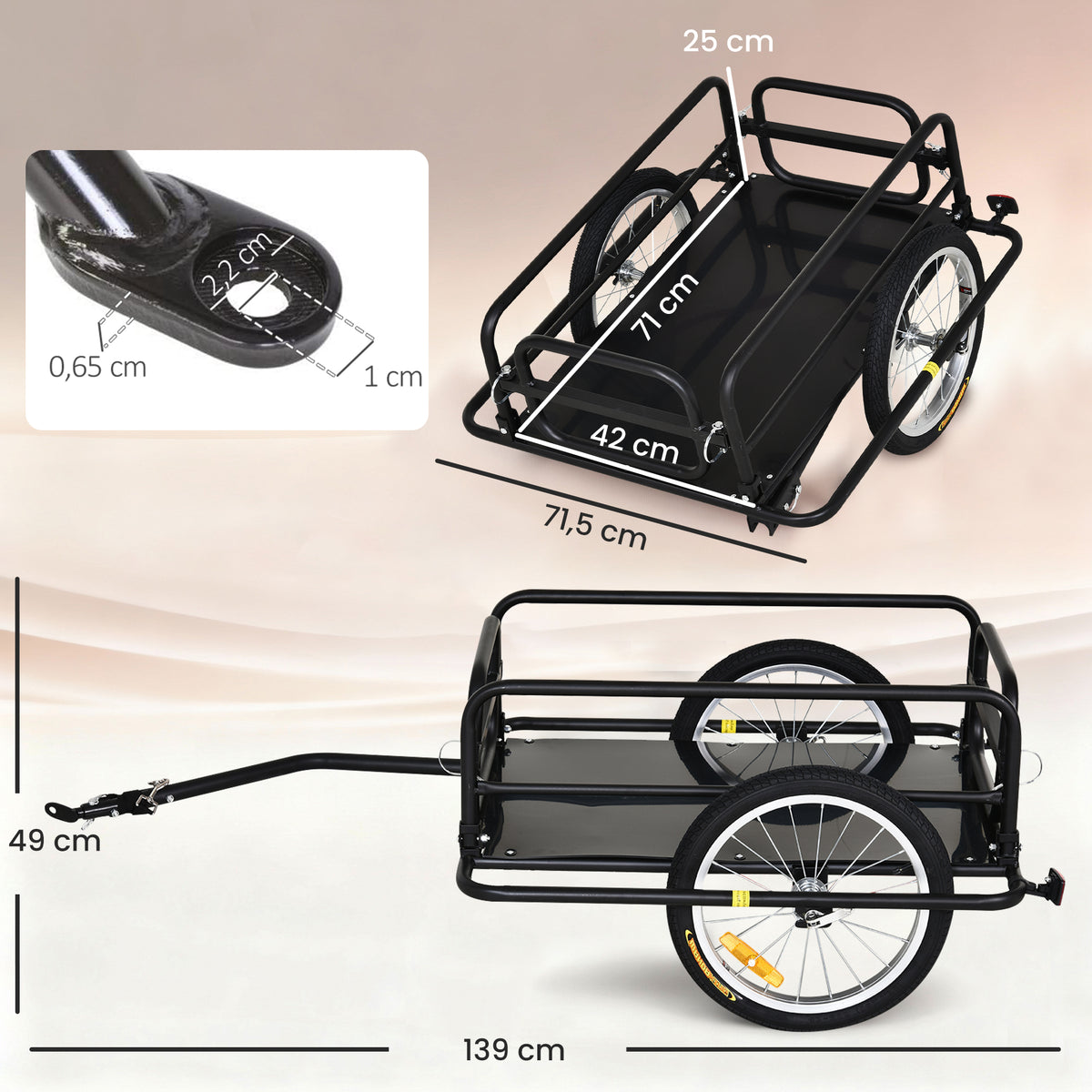 Remorque vélo remorque de transport pour vélo 70L 139L x 71,5l x 49H cm barre d'attelage universelle acier noir