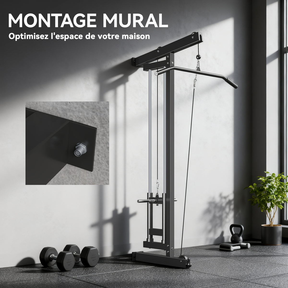 Appareil de musculation mural, station de traction, poulie haute et basse, 2 poulies, en acier, 75 x 16 x 192 cm, noir