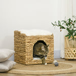 Niche pour chat 2 niveaux avec 2 coussins en jacinthe d'eau - 37,5 x 37,5 x 41,5 cm marron crème