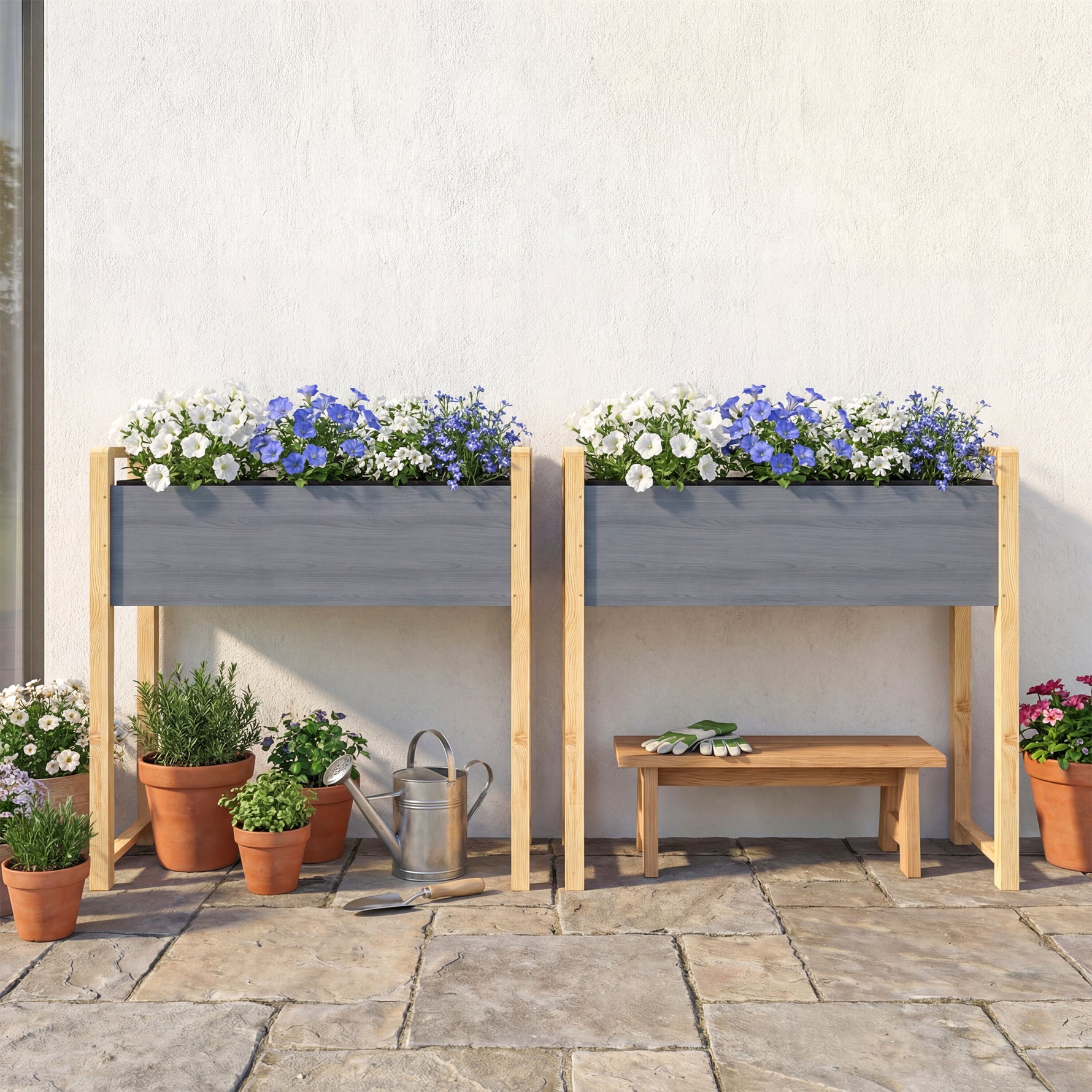 Carré Potager avec pieds Lit de Jardin Surélevé 4 trous de drainage et Tissu non tissé,  98 x 37 x 90 cm, gris