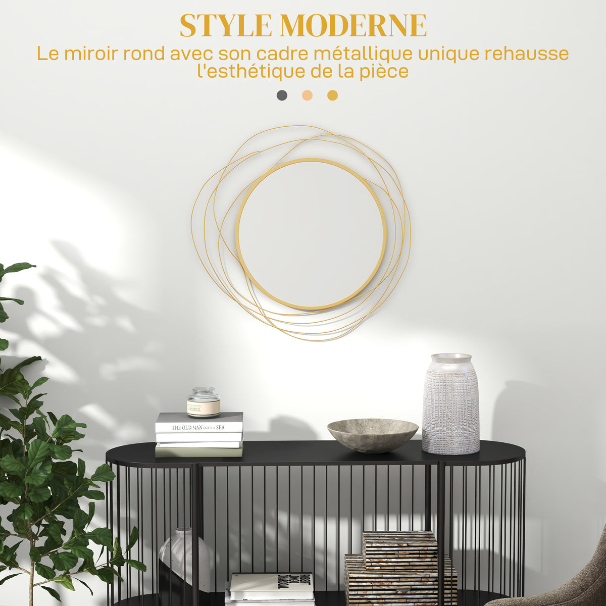Miroir rond en métal filaire doré, décoration style moderne, diamètre Φ65 cm