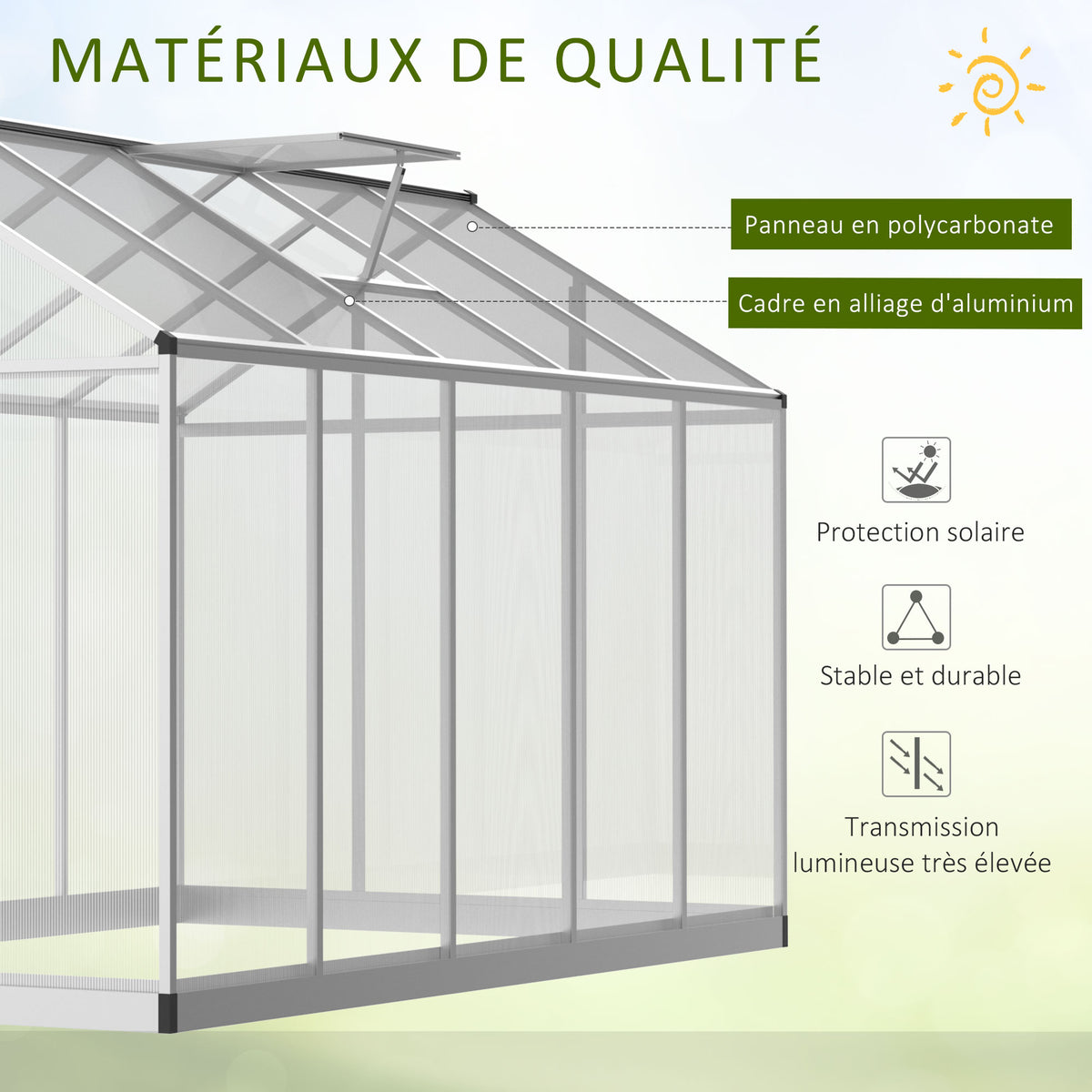 Serre de jardin en aluminium polycarbonate, serre avec fenêtres supérieures réglables, porte battante, abri extérieur résistant aux intempéries pour plante fleur, 303x183x195 cm, transparent