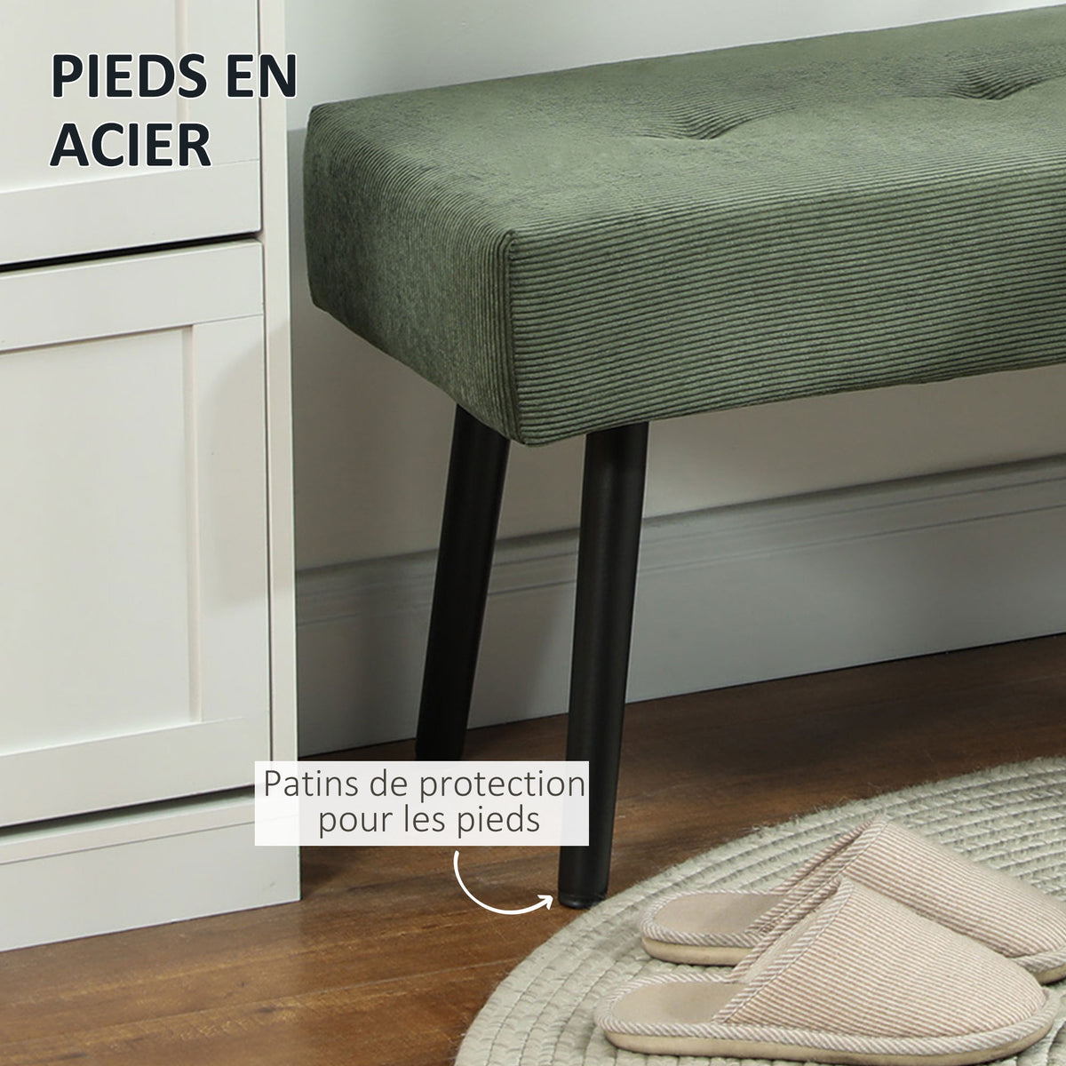 Banco banqueta a pie de cama tapizado en pana con patas de acero negro, carga de 220 kg, 100 x 36 x 45 cm, verde