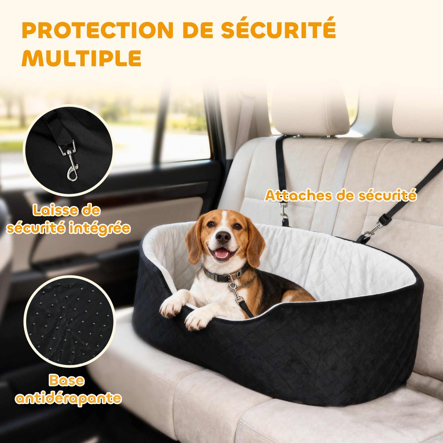 Siège auto pour chien avec ceinture de sécurité et fixation siège de voiture pour chien rembourré 77 x 43 x 28 cm noir