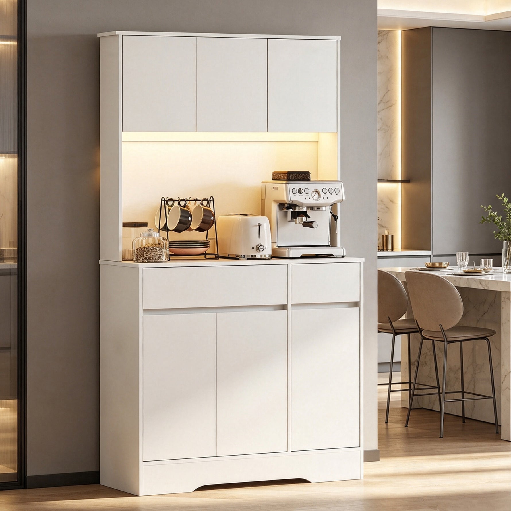 Buffet cuisine meuble cuisine rangement haut avec lumière LED RGB, plan de travail, 6 portes, 2 tiroirs, blanc