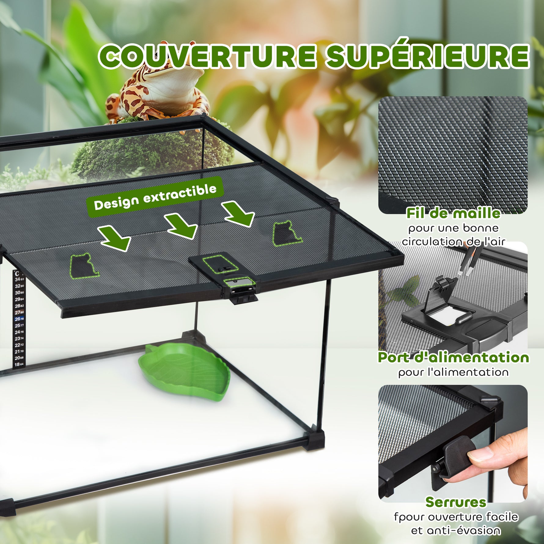 Boîte à reptiles boîte d'élevage de reptiles habitat de terrarium couvercle coulissant treillis métallique thermomètre