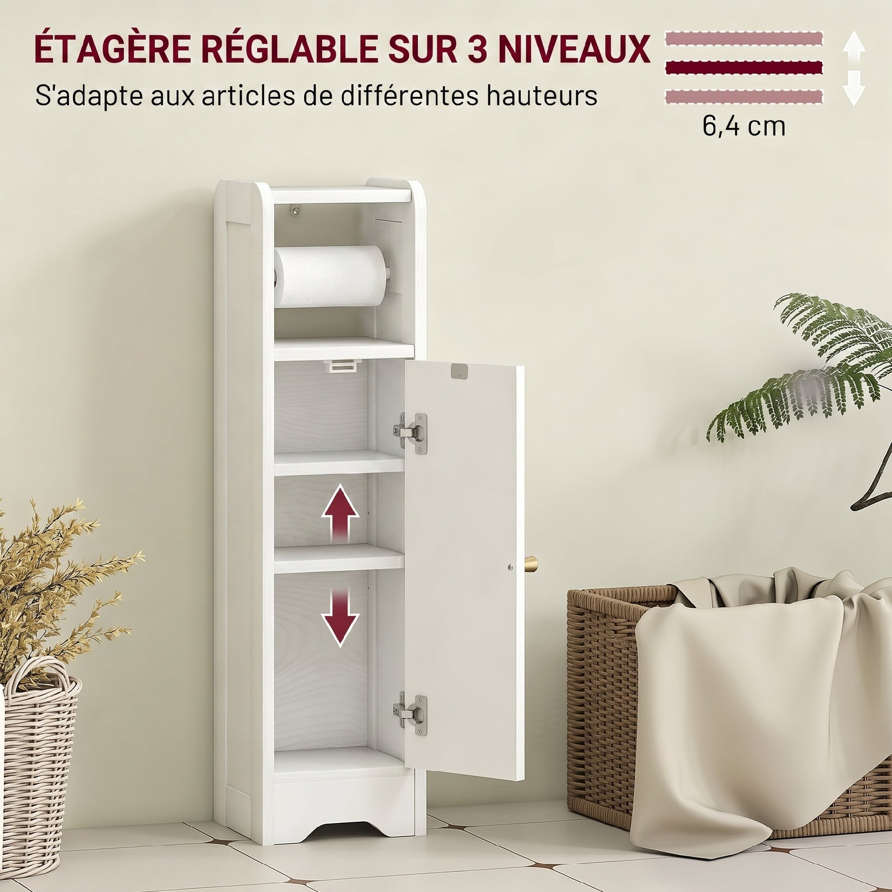 Meuble salle de bain meuble toilettes WC rangement étroit avec étagère réglable gain de place pour petits espaces blanc