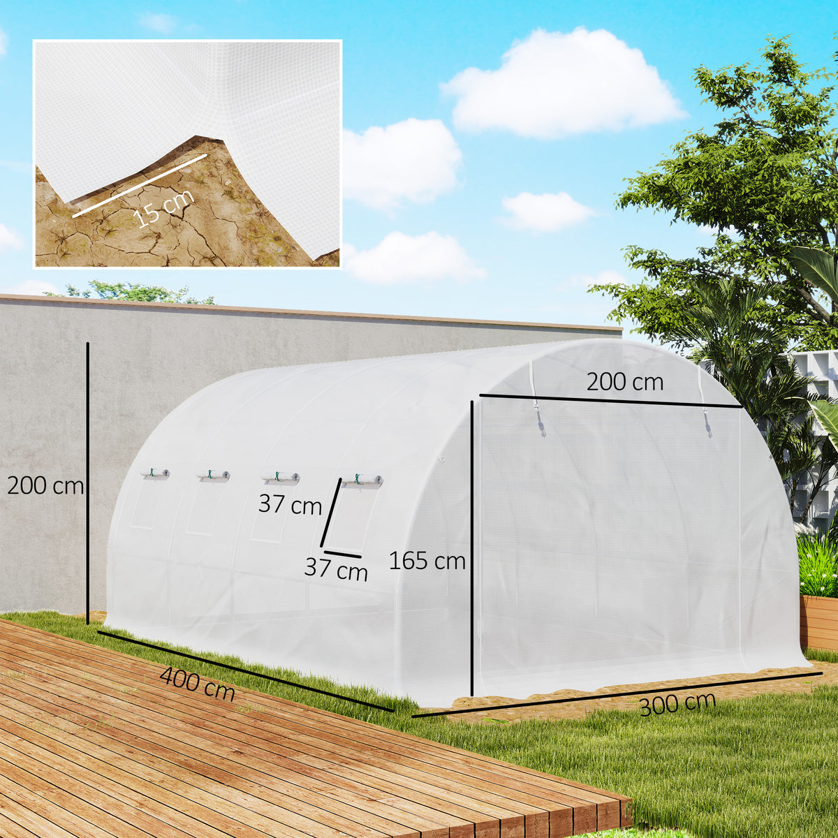 Bâche de rechange serre tunnel 12 m² 4 x 3 x 2 m PE anti-UV imperméable 8 fenêtres + porte enroulable zippée blanc