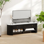 Meuble TV 140 cm, meuble télé pour téléviseur 65 pouces effet marbre avec 3 tiroirs façades à cannelures 2 étagères noir