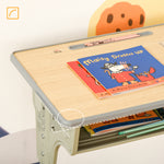 Bureau enfant Vintage style pupitre d'écolier - ensemble bureau et chaise réglable - case de rangement, bracket, range-stylos - acier kaki MDF aspect bois clair