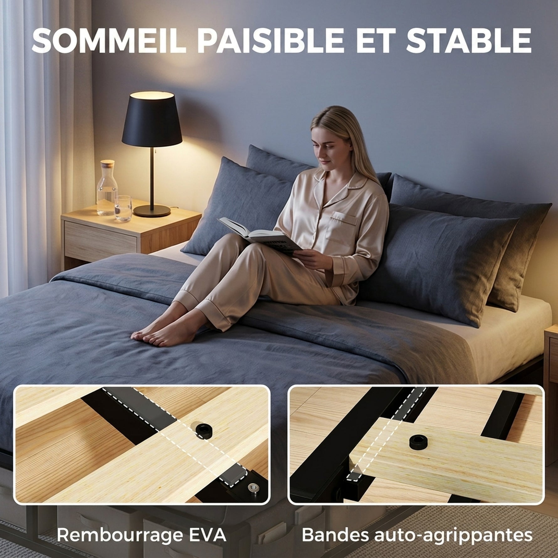 Cadre de Lit 140 x 190 cm avec Sommier, Lit Double avec Pochette de Rangement, Support à Lattes en Bois, Noir
