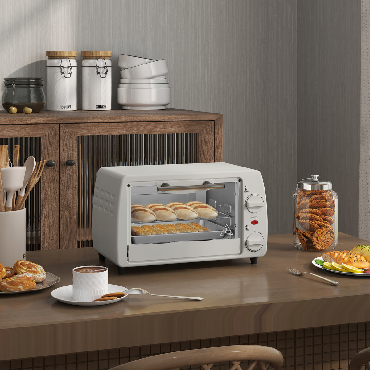 Mini forno elettrico 10L 1 griglia e 1 vassoio temperatura regolabile da 100°C a 230°C Timer 60 min 36,5x26x22 cm crema