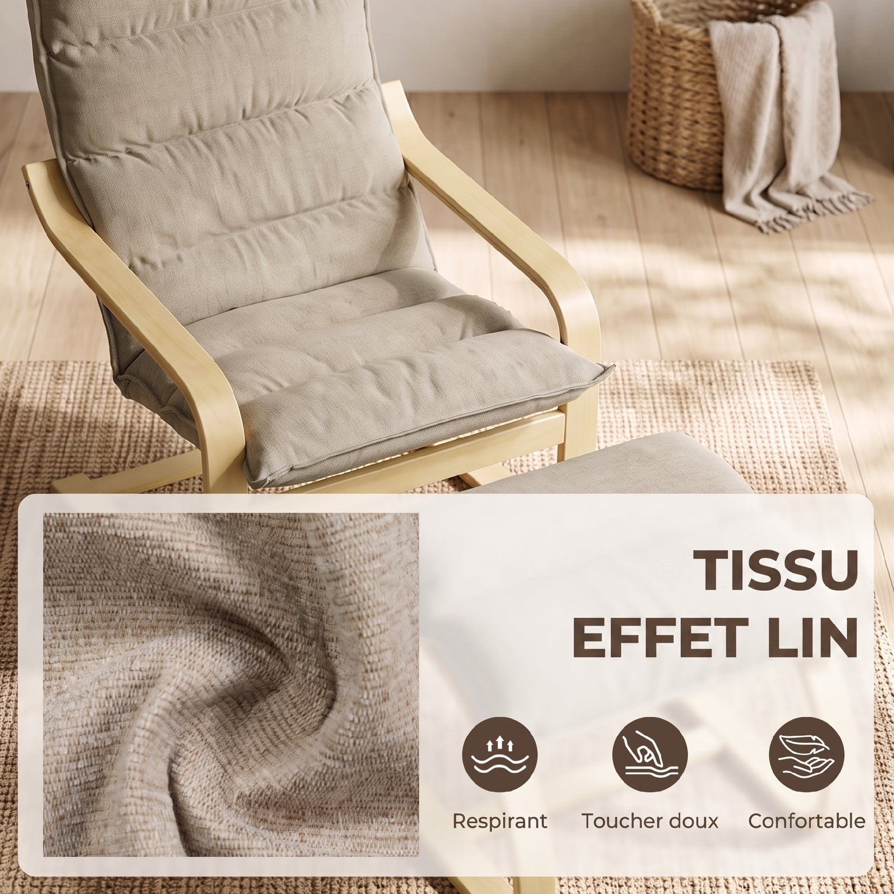 Fauteuil de Salon avec Repose-Pied, Fauteuil d'Appoint en Lin, Assise Large, Dossier Haut, Bascule Douce, Beige