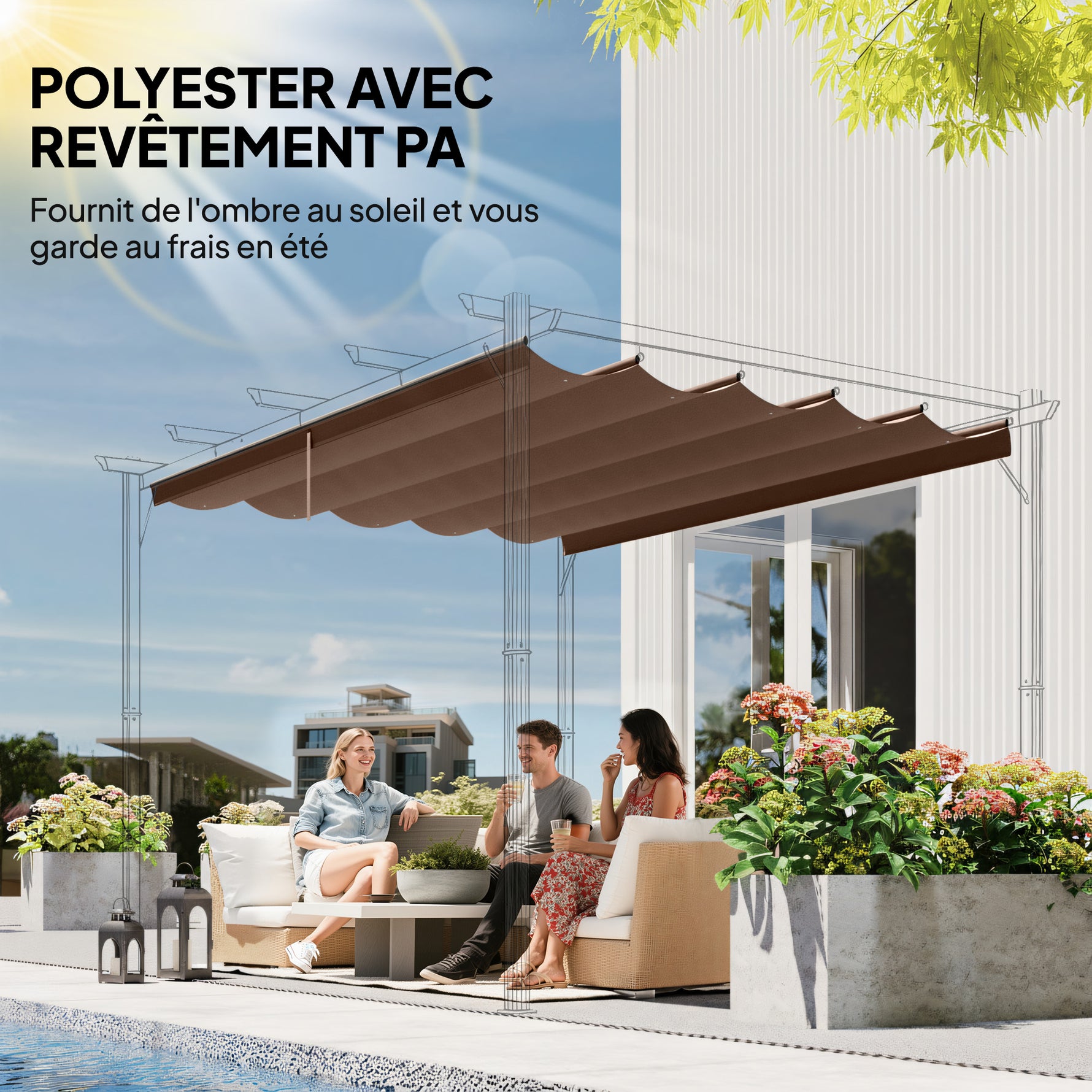 Toile de toit pour pergola tonnelle rétractable de 4 x 3 m - toile uniquement 350 x 260 cm café