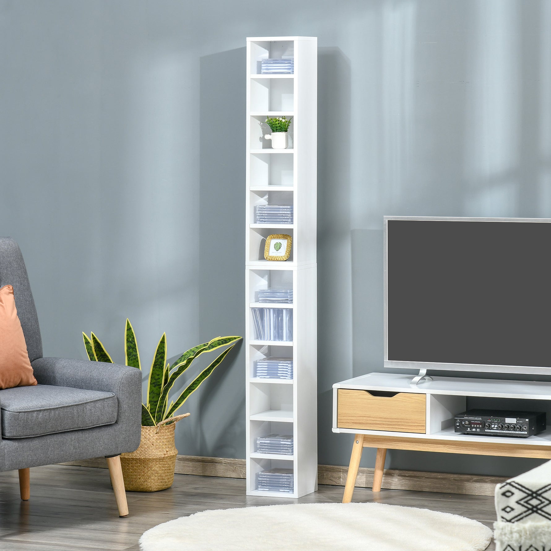 Lot de 2 étagères colonnes Armoire de Rangement CD-DVD 6 + 6 Compartiments dim. 21L x 19l x 88H cm capacité Max. 160 CD Blanc