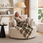 Pouf Canapé Rond en Chenille, Grande Assise, 2 Coussins, 1 Dossier, 1 Traversin, Charge 250kg, 130x130x82cm, Crème