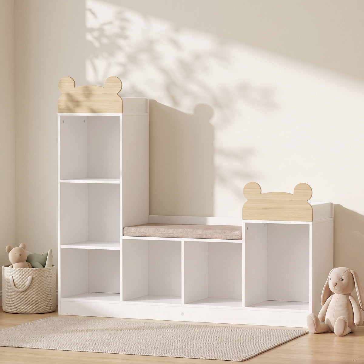 Bibliothèque Enfant, Meuble Rangement Enfant 3 en 1 avec Banc, 6 Compartiments, 2 Étagères, Coussin d'Assise, Blanc