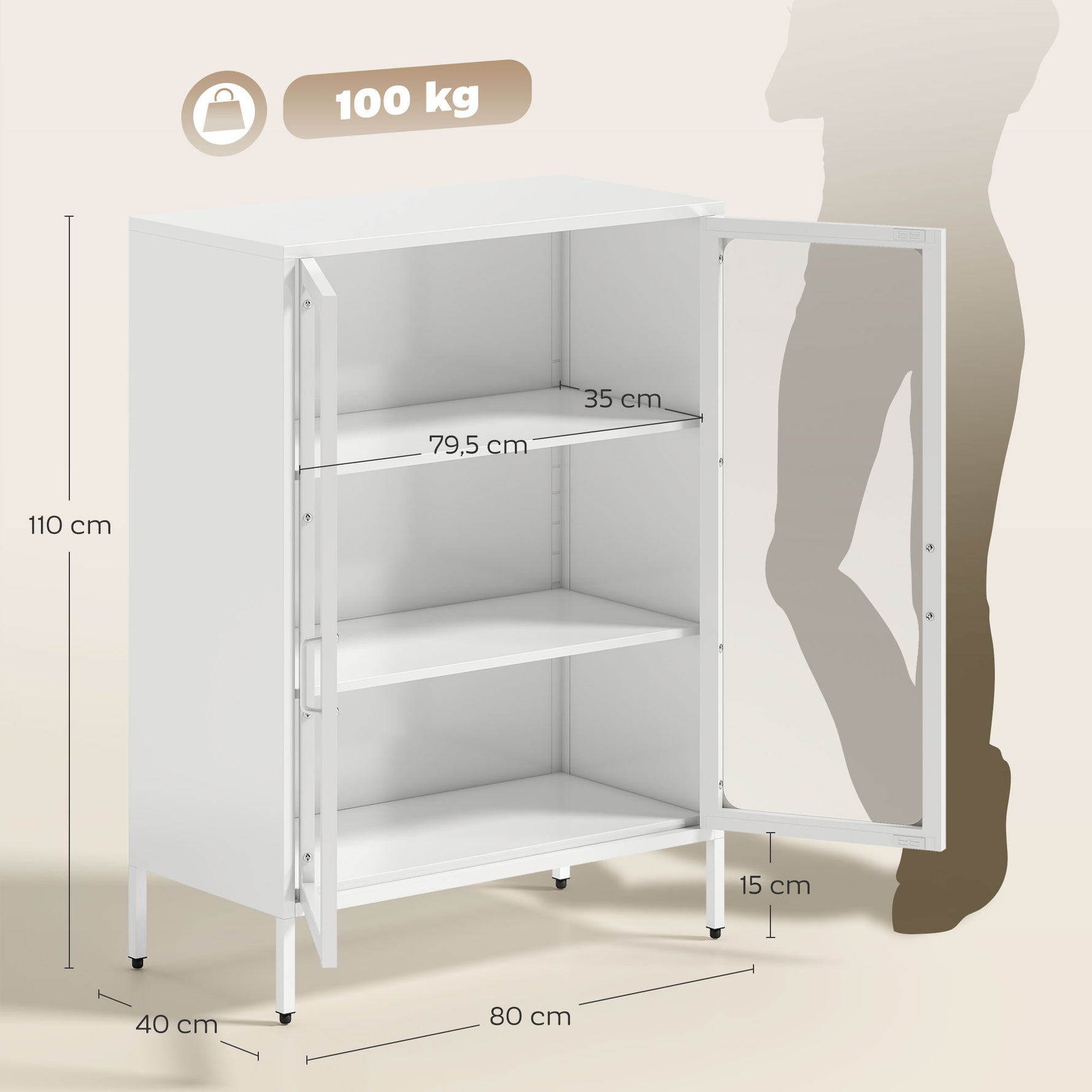 Armoire de bureau avec 2 portes en verre, 2 étagères réglables, meuble de rangement bureau en acier, 80x40x110cm, blanc