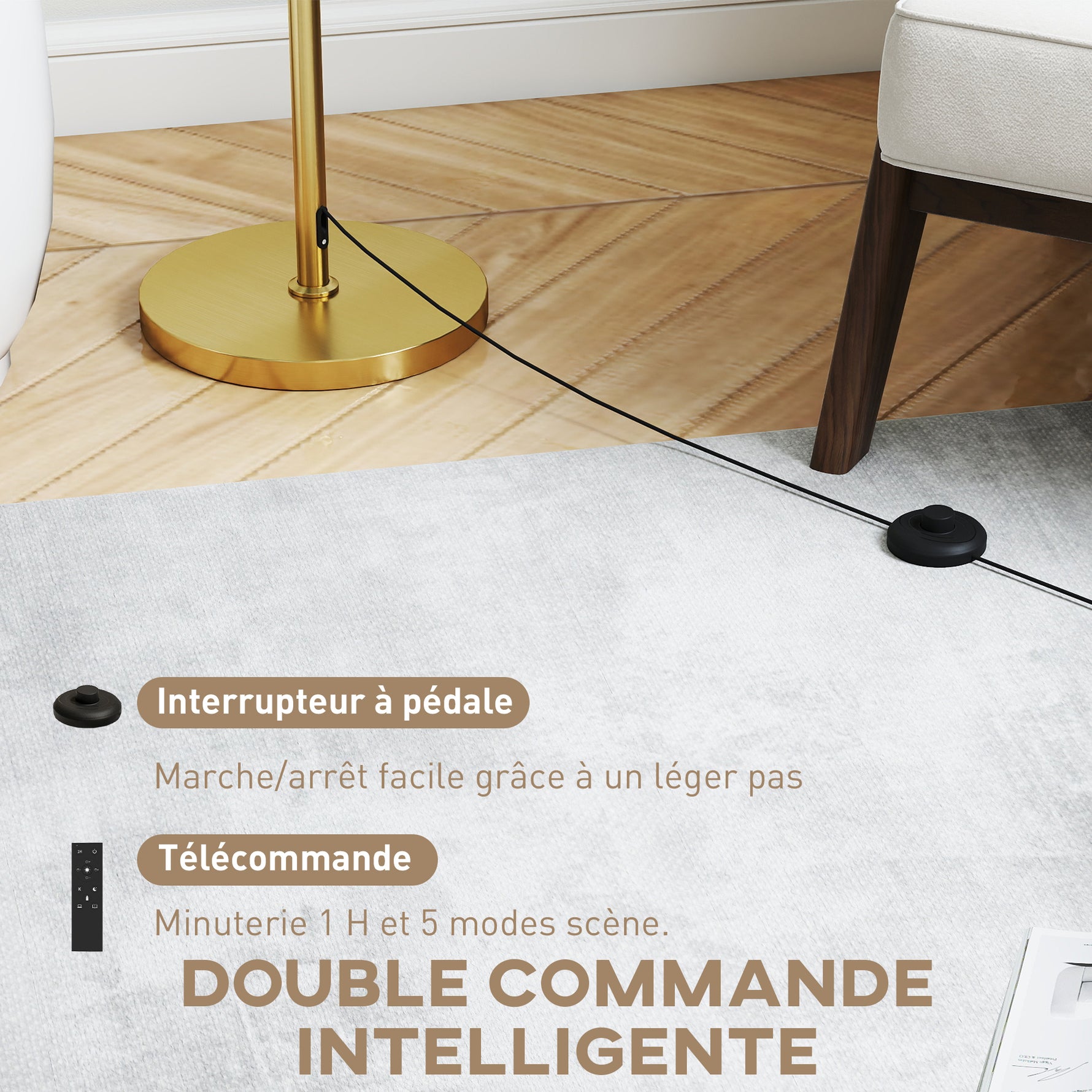 Lampadaire sur pied salon, lampe sur pied dimmable avec télécommande, abat-jour en lin, hauteur réglable 133-168cm, doré