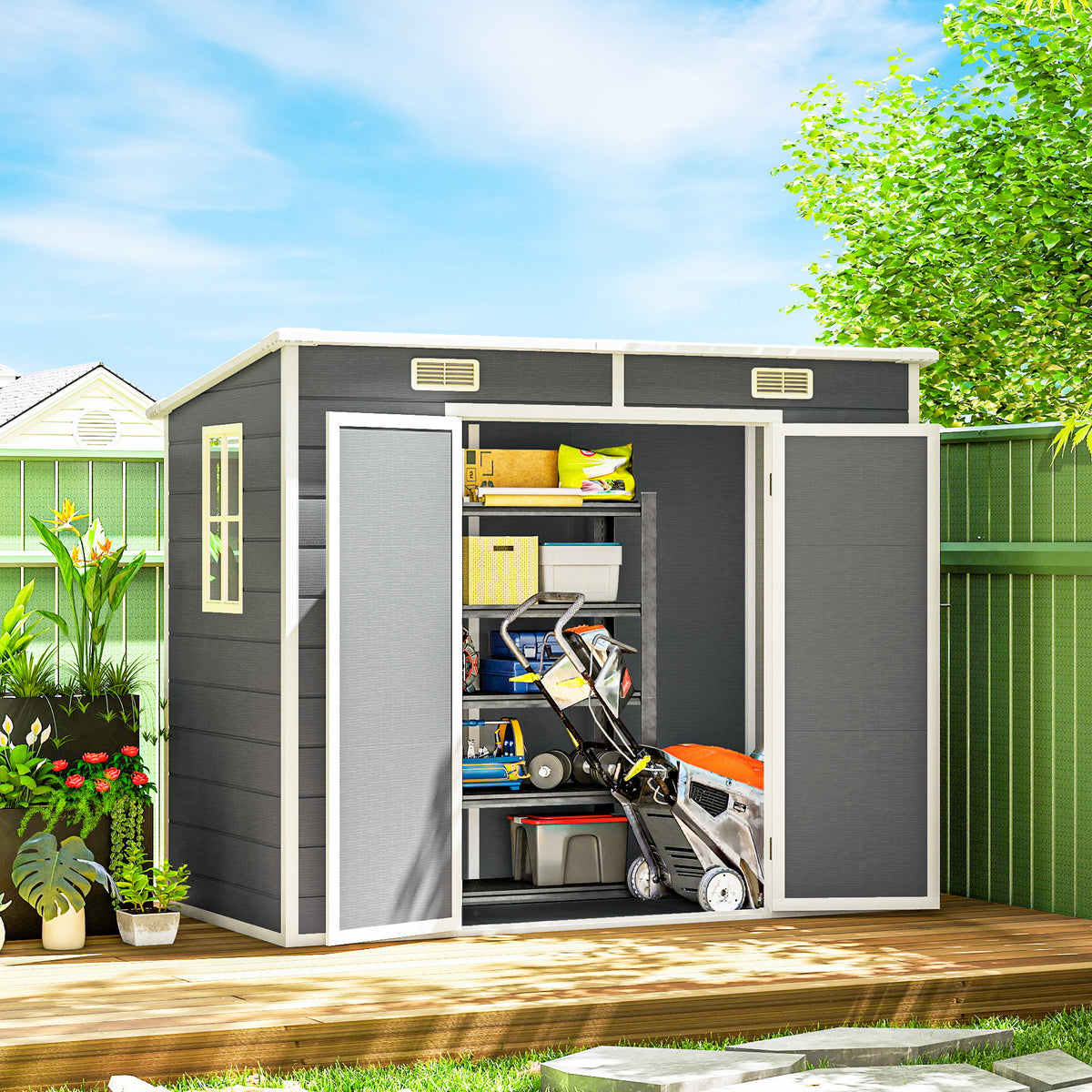Tuinhuisje voor buiten 2,4 x 1,3 m, van kunststof met vloer, raam, afsluitbare deuren en ventilatie, grijs