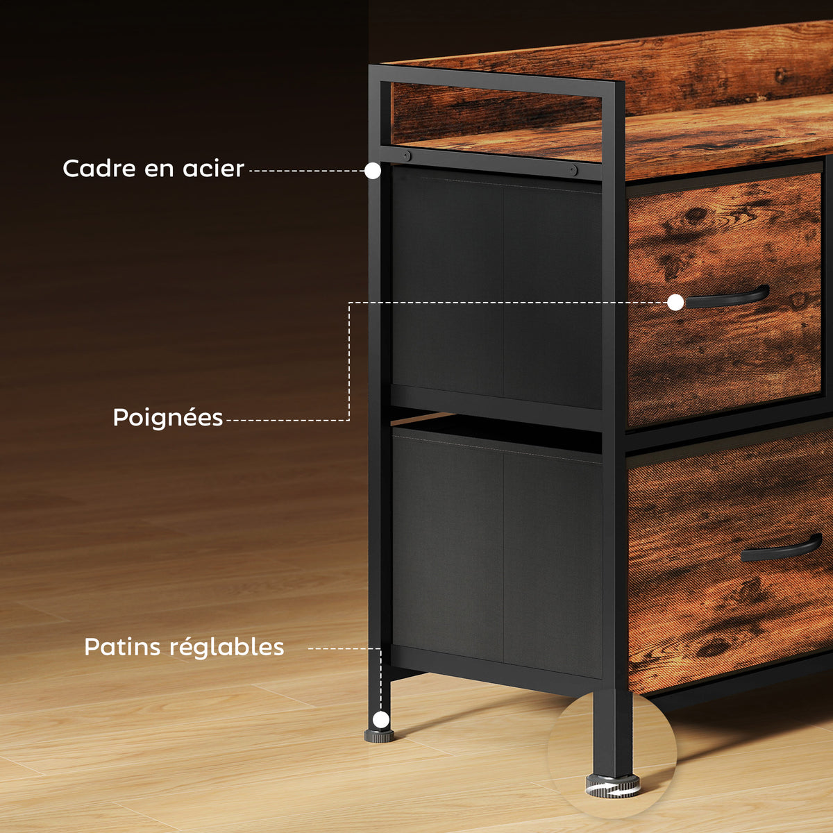 Cómoda, mueble de almacenaje con 5 cajones de tela plegables, tablero y estructura de acero, 98 x 29 x 63 cm, marrón rústico