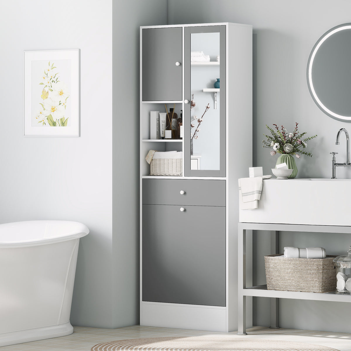 Bain-gelako altzaria arropa-saskiarekin eta apal erregulagarridun ispiluarekin 62 x 28,3 x 181 cm grisa eta zuria