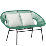 Banquette banc de jardin 2 places en acier et cordage en résine avec 2 coussins - dim. 132L x 72l x 83H cm - vert foncé