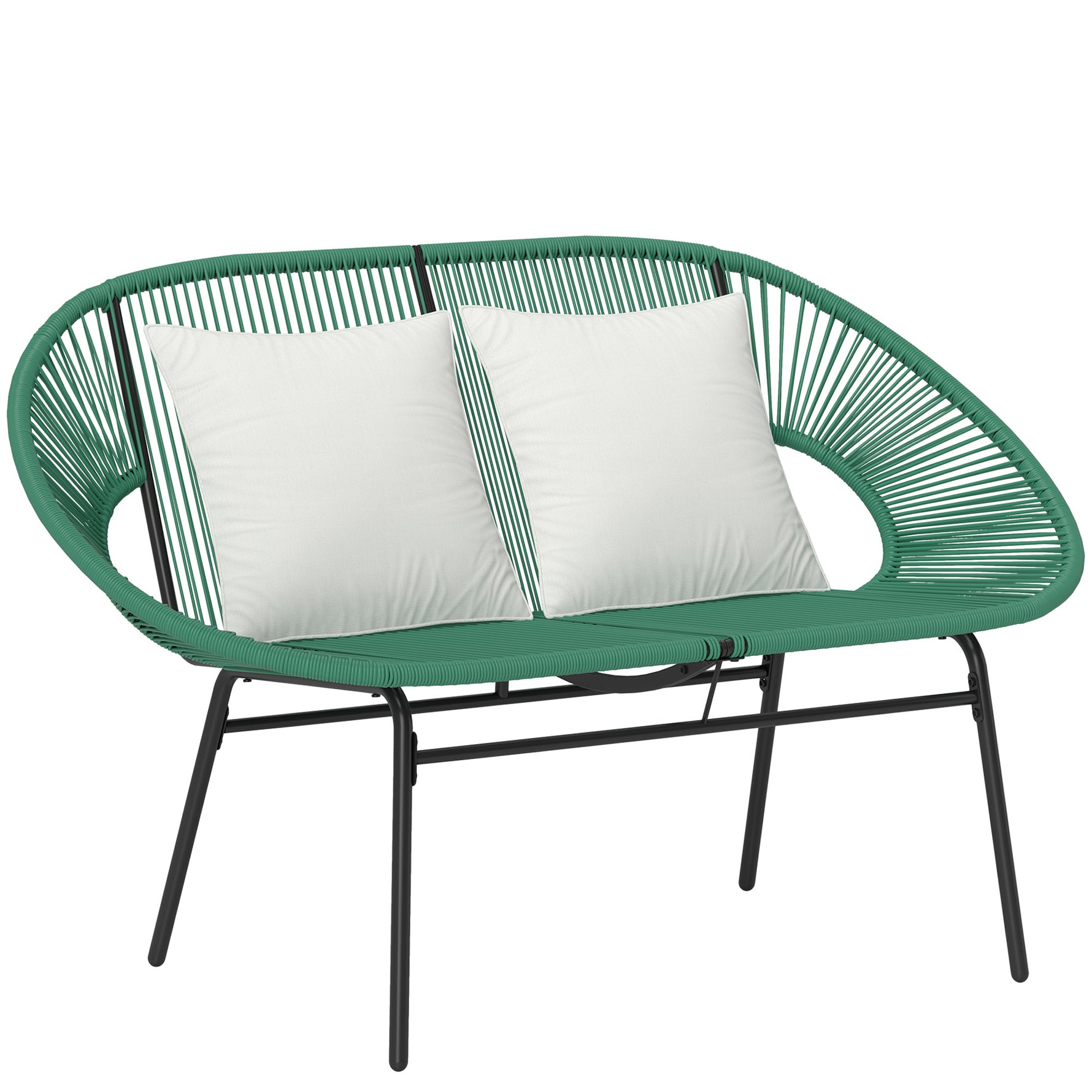 Banquette banc de jardin 2 places en acier et cordage en résine avec 2 coussins - dim. 132L x 72l x 83H cm - vert foncé