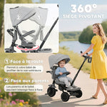 Tricycle bébé évolutif 6 en 1, tricycle enfant pliable avec poignée parentale réglable, siège pivotant 360°, gris