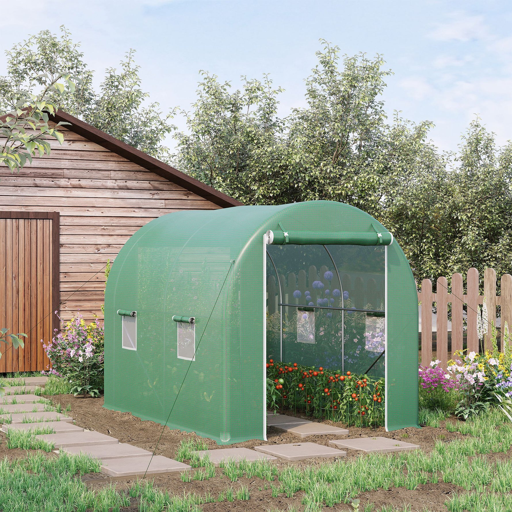 Serre de Jardin Tunnel Surface Sol 6 m² 3L x 2l x 2,10H m châssis Tubulaire renforcé Porte zippée 4 fenêtres enroulables cadre en métal Vert