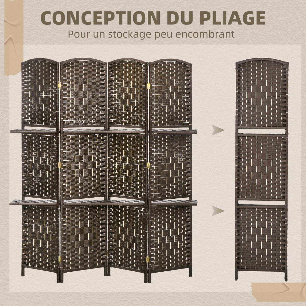 Paravent séparateur de pièce 4 panneaux 160 x170 cm avec 2 étagères, pliable, en bois