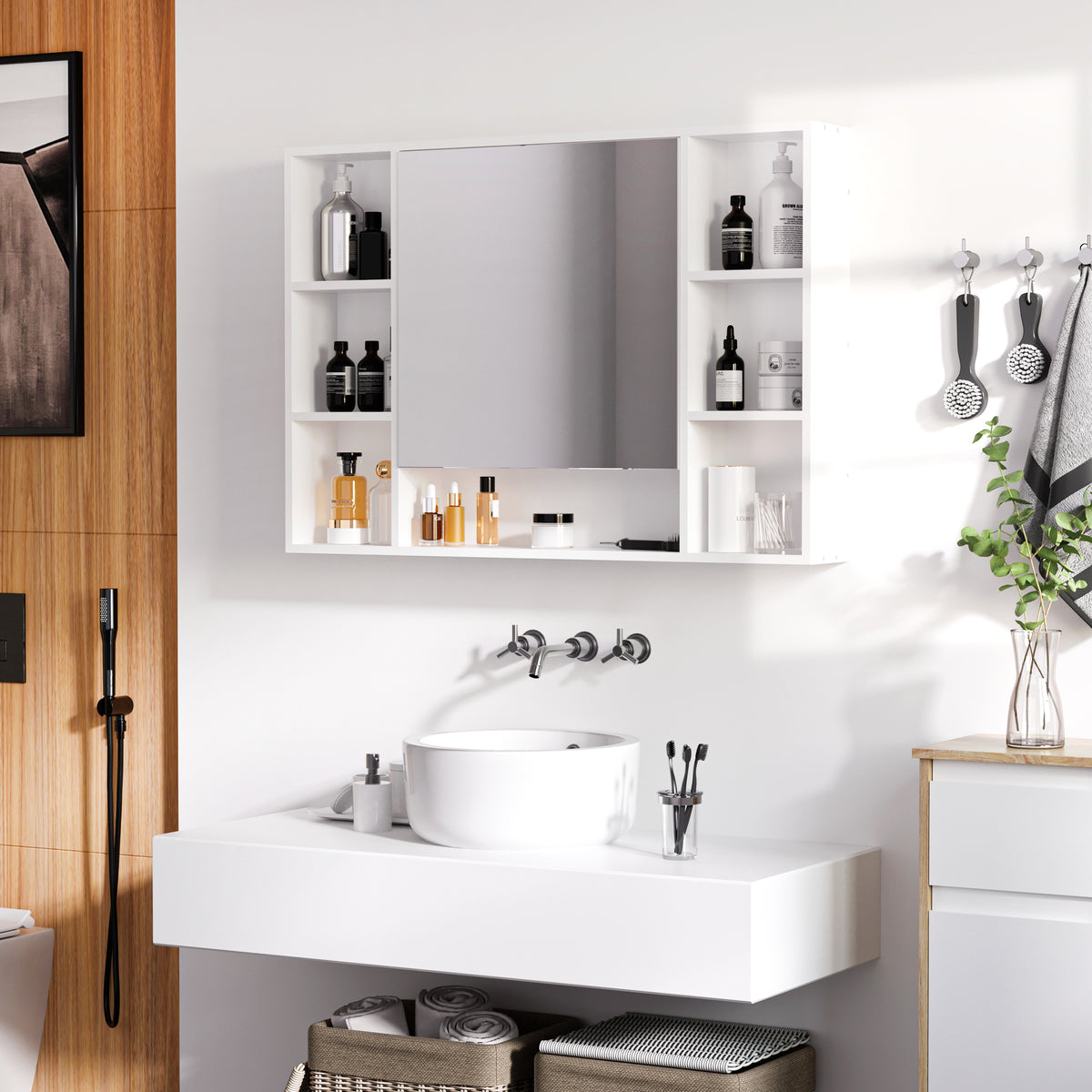 Armoire murale salle de bain avec miroir, meuble salle de bain, 7 étagères ouvertes et placard,100 x 15 x 70 cm, blanc