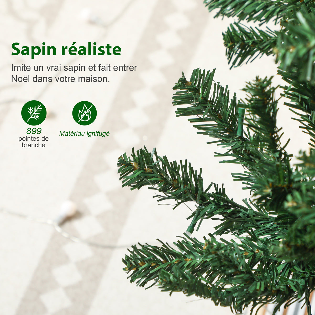 Sapin de Noël artificiel 180 cm, arbre de Noël, lumières LED synchronisées colorées et télécommande, 899 pointes, vert