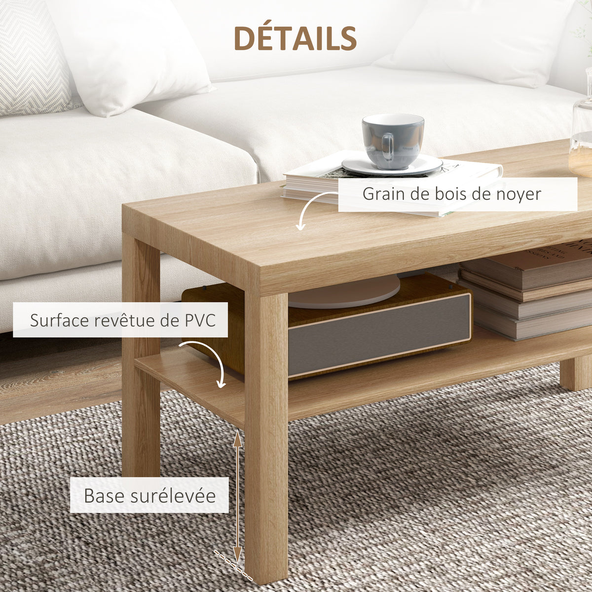 Tavolino da salotto, tavolino d'appoggio rettangolare a 2 livelli con ripiano portaoggetti, 90x45x44,5 cm, legno naturale