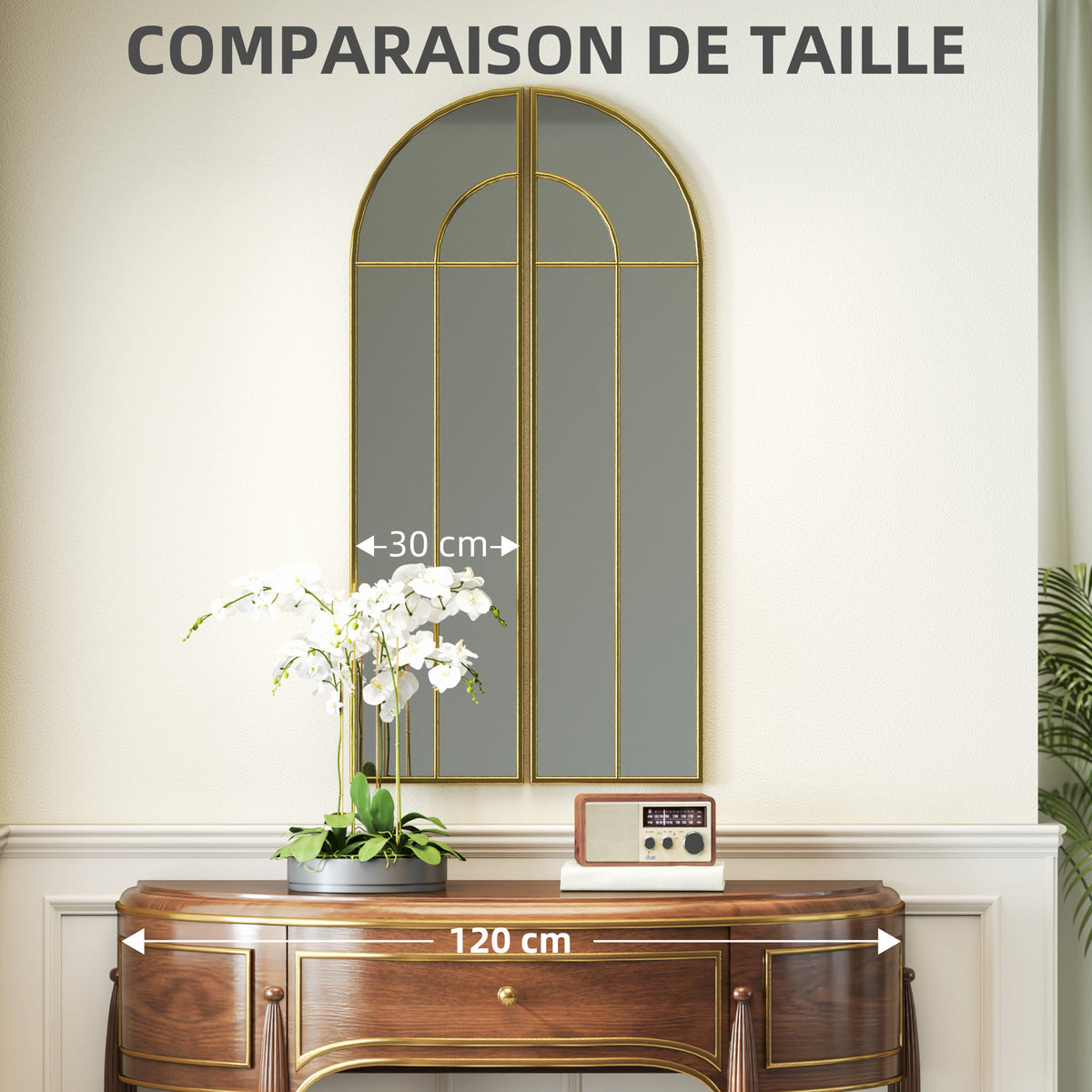 Miroir mural arc 30 x 120 cm, grand miroir décoratif avec cadre métallique, pour salon, chambre, couloir, ton doré