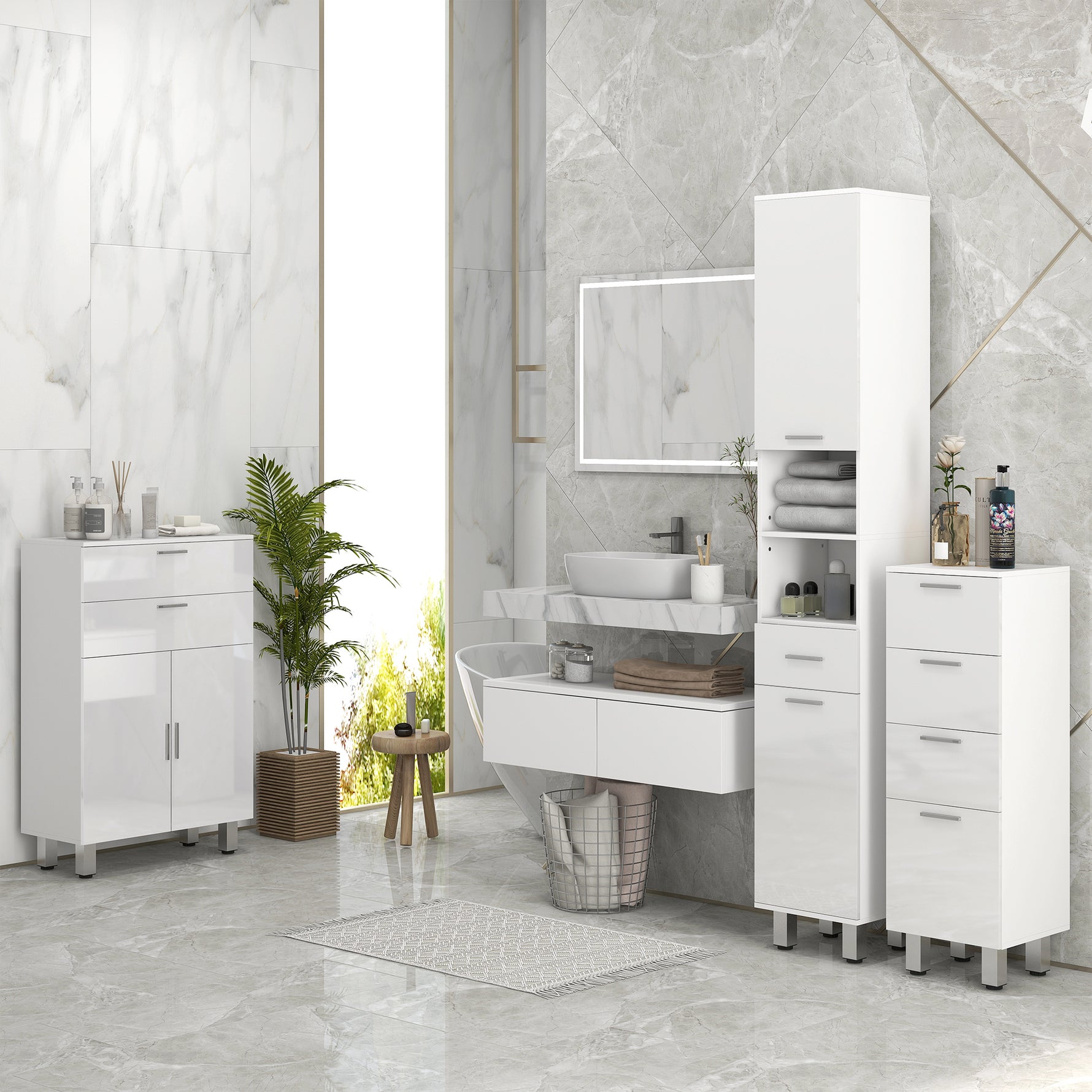 Meuble colonne salle de bain avec étagères réglables et compartiments ouverts, 30x30x180cm, blanc brillant