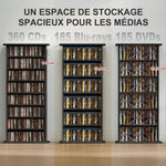 CD eta DVDetarako biltegiratzea, 8 konpartimentu eta 6 apalategi erregulagarrirekin, 360 CD / 185 DVD eta Blu-rayko edukiera maximoa, beltza