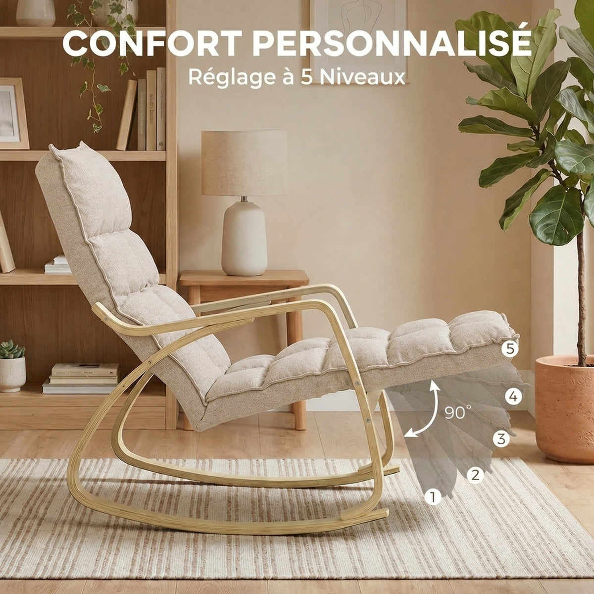 Fauteuil à Bascule avec Repose-Pieds Ajustable, Rocking Chair avec Pieds en Bois de Bouleau, 67x93x105cm, Marron Clair
