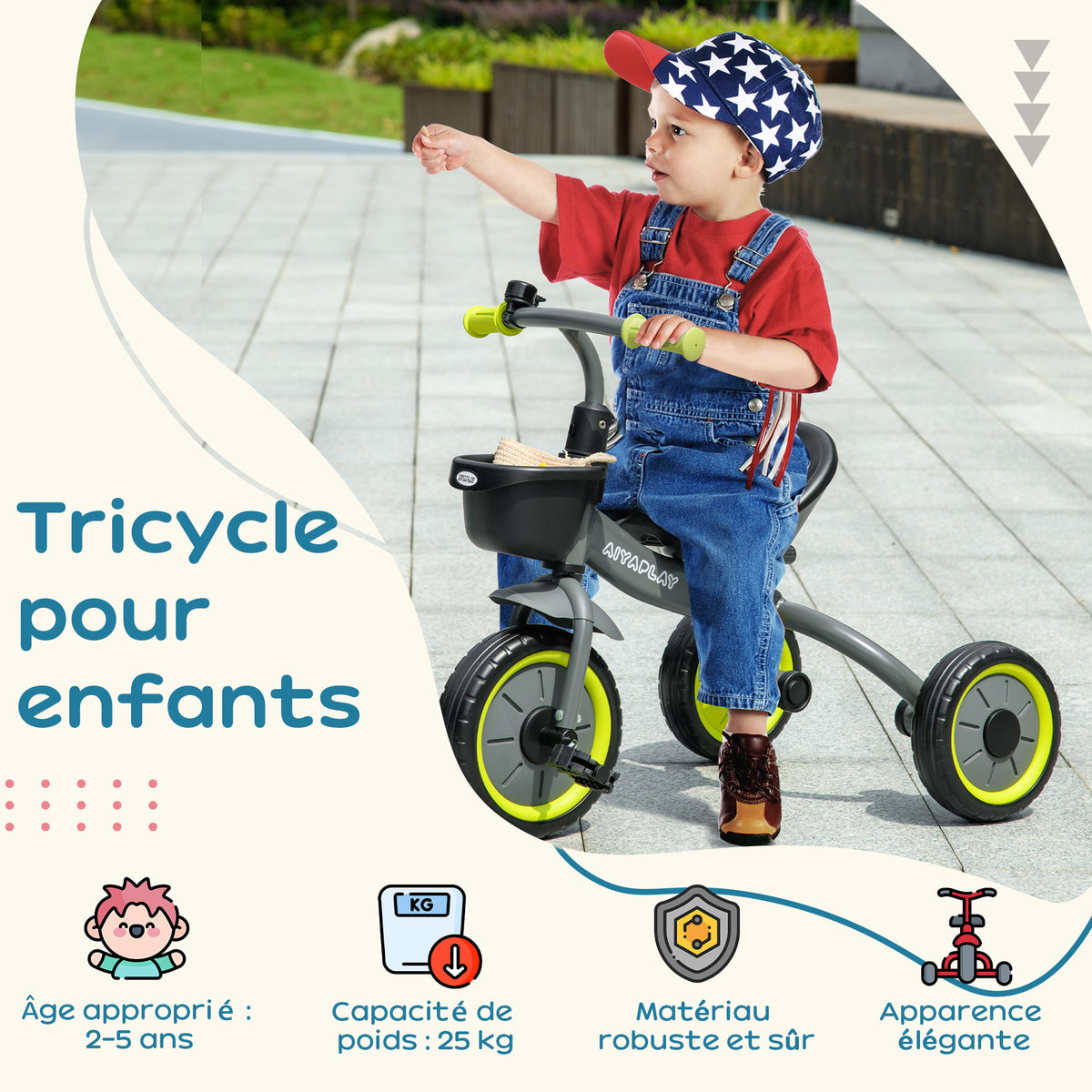 Tricycle enfants avec sonnette et panier selle réglable avec dossier - pour enfant de 2 à 5 ans noir