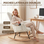 Fauteuil à Bascule, Rocking Chair en Peluche Teddy, Poches Latérales, Dossier à Oreilles Capitonné, Crème