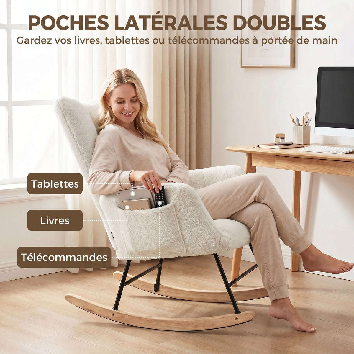 Fauteuil à Bascule, Rocking Chair en Peluche Teddy, Poches Latérales, Dossier à Oreilles Capitonné, Crème