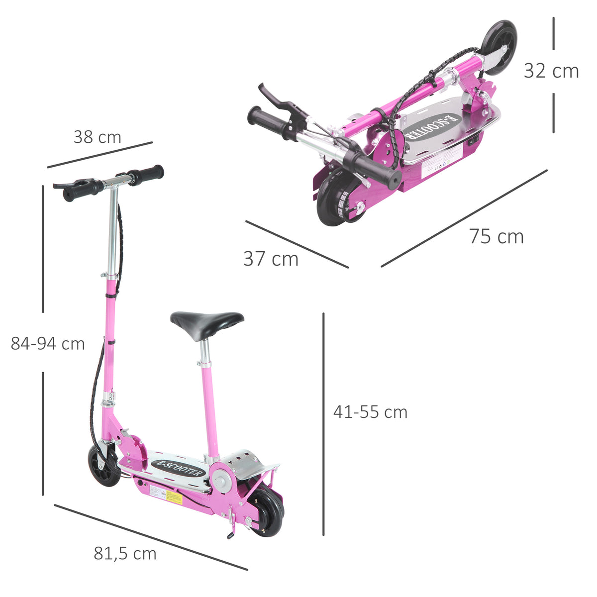 120 W-eko patinete elektriko tolesgarria 6 urtetik gorako haurrentzat, eskuleku eta jarleku erregulagarria, 10 km/h gehienez, arrosa