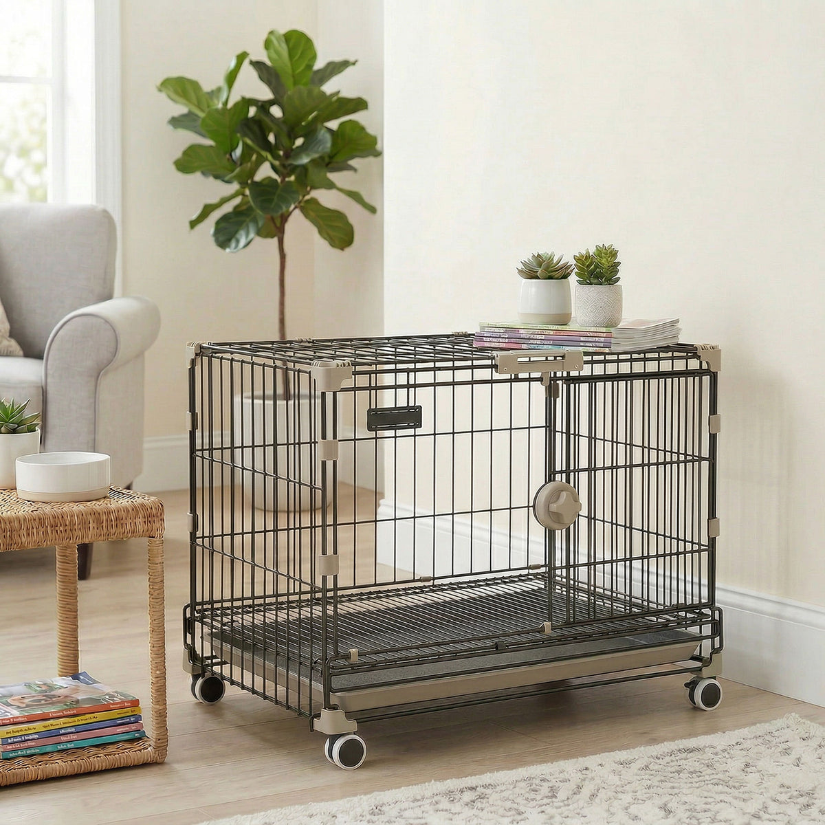Cage pour Chien, Plateau Amovible, Roues avec Freins, Toit Ouvrant Verrouillable, 60,5x45,5x54,5cm, Noir