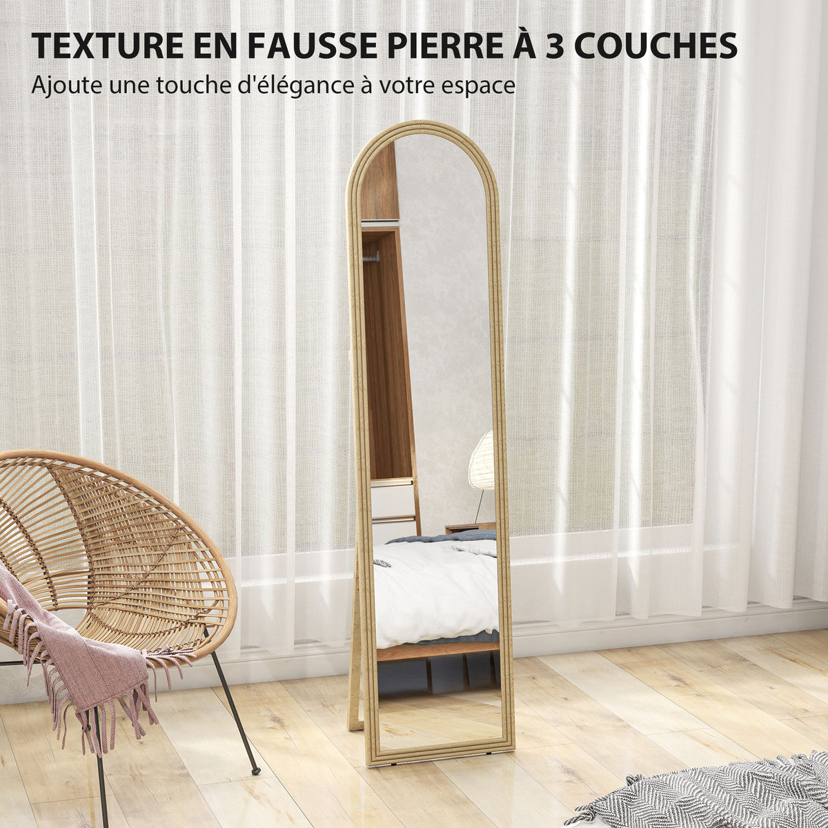 Miroir de sol arqué pleine longueur miroir sur pied cadre en effet imitation pierre pour salon chambre 40 x 160 cm beige
