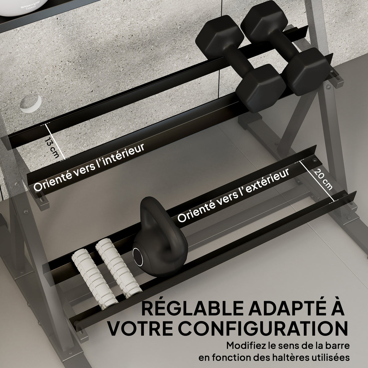 Support pour haltères à 3 niveaux, support de poids réglable en acier pour haltères, kettlebells, noir
