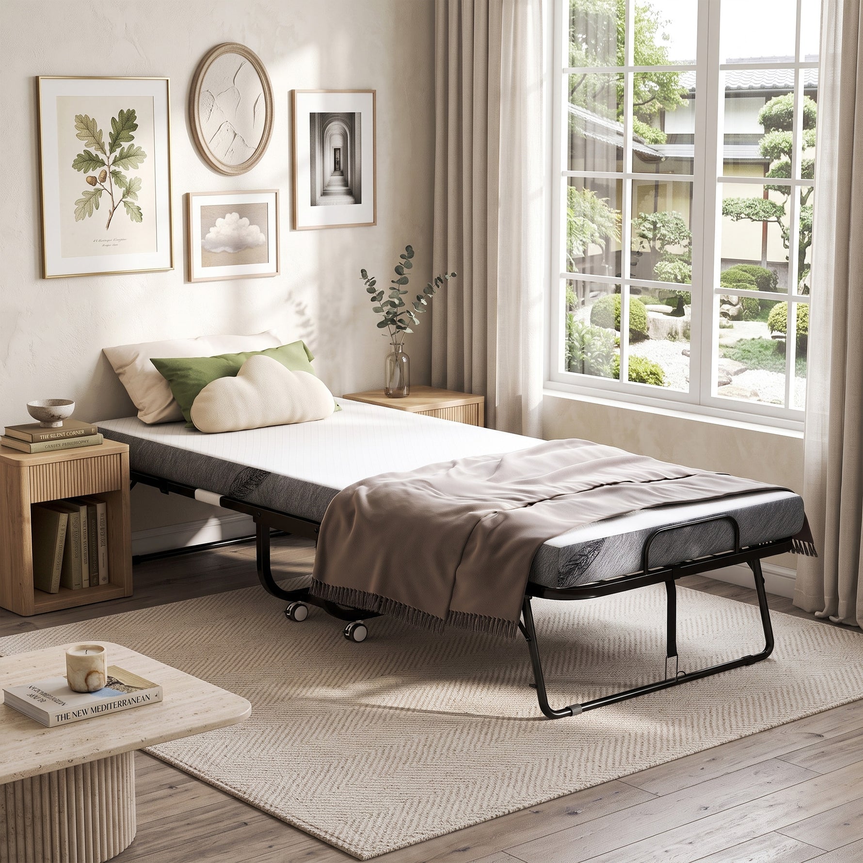 Lit pliant 1 personne 200 x 90 cm avec matelas, lit d'appoint pliable et portable sur roulettes, cadre en acier, blanc