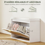 Banc à chaussures, banc de rangement, assise rembourrée, tiroir rabattable, porte en rotin, 80 x 26 x 47,5 cm, blanc