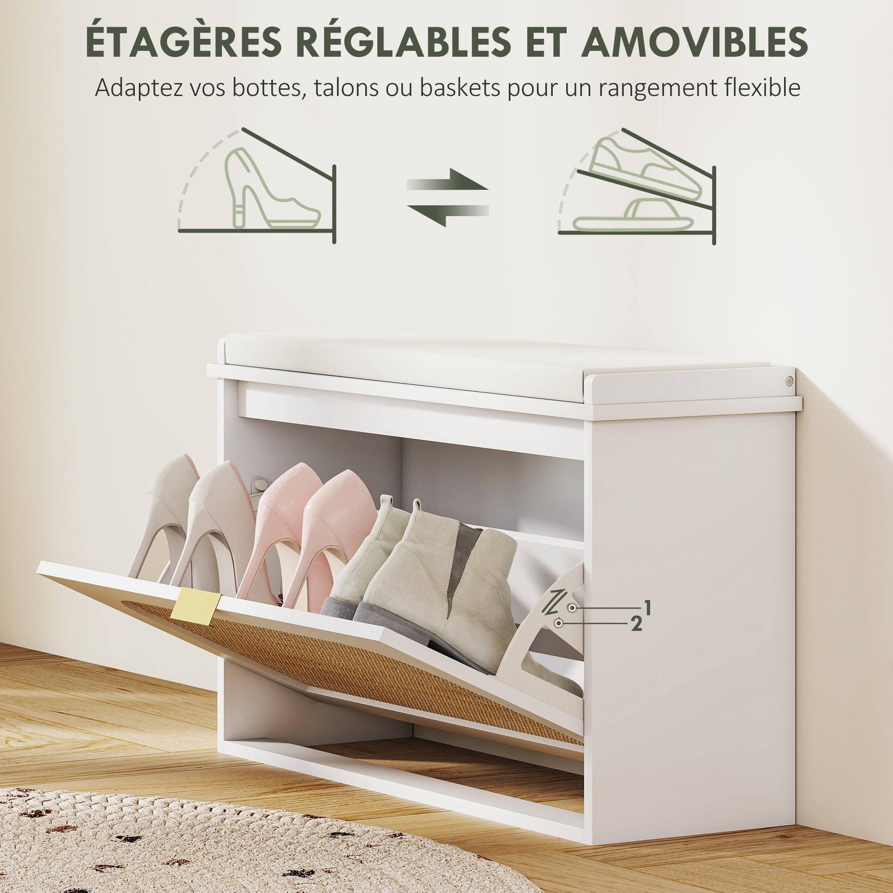Banc à chaussures, banc de rangement, assise rembourrée, tiroir rabattable, porte en rotin, 80 x 26 x 47,5 cm, blanc