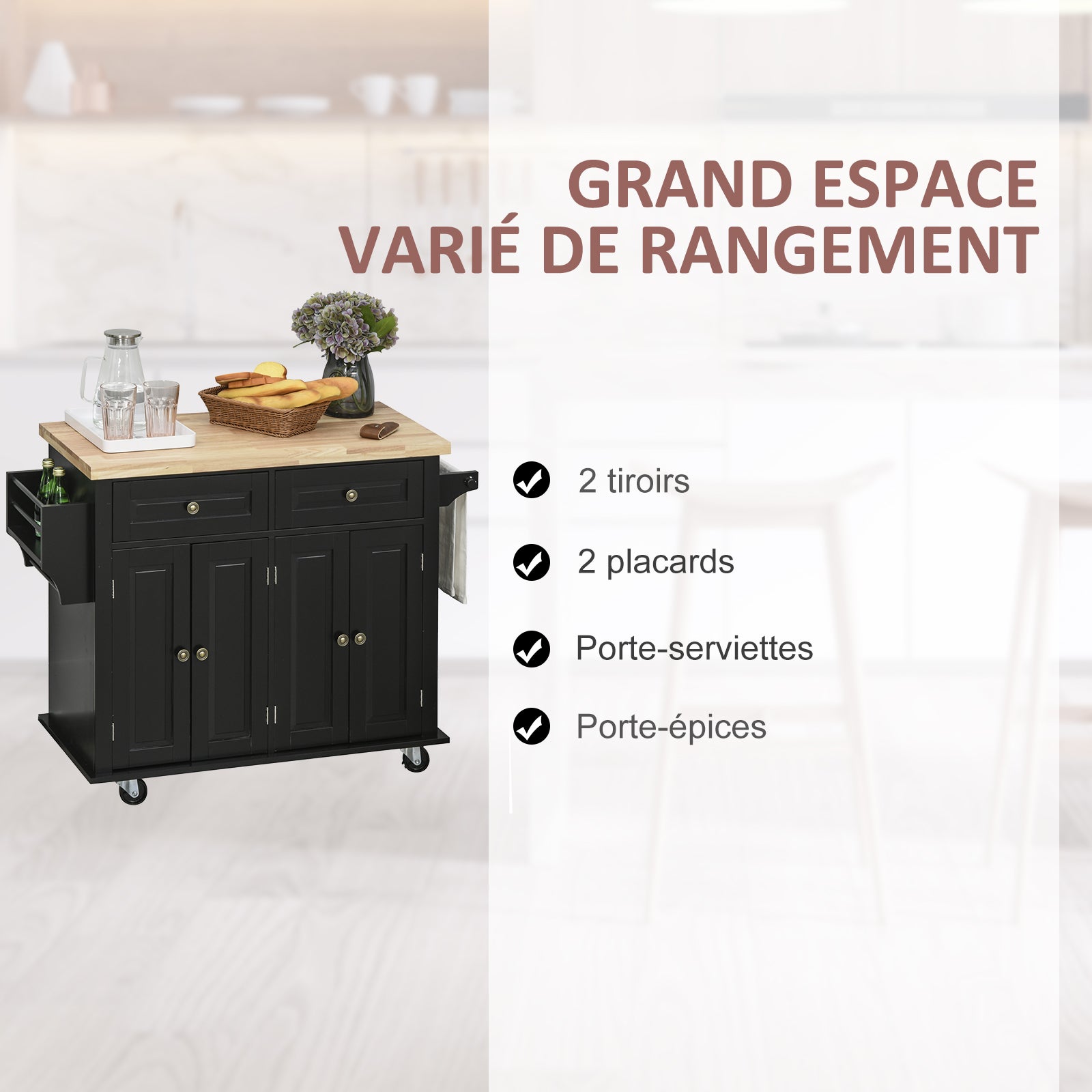Desserte ilôt de cuisine multi rangements 2 tiroirs 2 placard 2 portes avec étagère range-bouteille